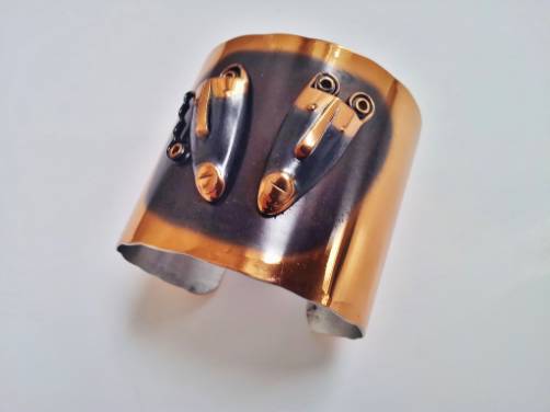 Rebajes vintage copper Brazilian masks bangle, 1940`s American